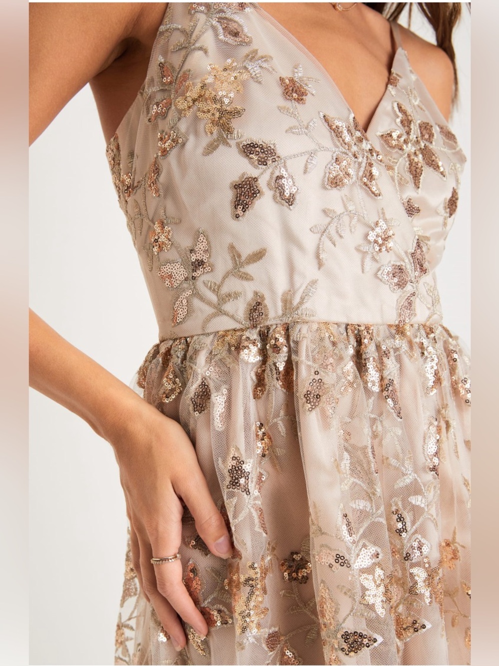 Glittery Glamour Gold Floral Embroidered Sequin Midi Dress Size L